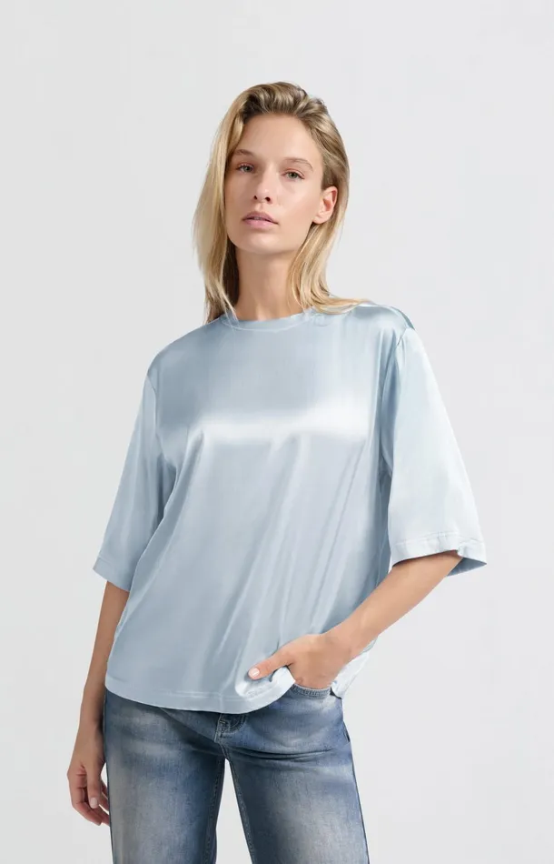 Satin Oversized Tshirt With Round Neckline Gray Dawn Blue Women YAYA Tops