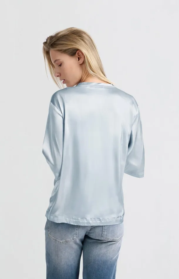 Satin Oversized Tshirt With Round Neckline Gray Dawn Blue Women YAYA Tops Satin Oversized Tshirt With Round Neckline Gray Dawn Blue Women YAYA Tops