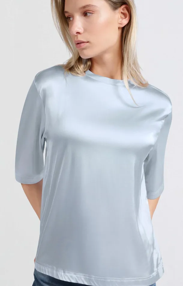 Satin Oversized Tshirt With Round Neckline Gray Dawn Blue Women YAYA Tops Satin Oversized Tshirt With Round Neckline Gray Dawn Blue Women YAYA Tops