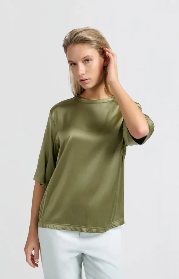 Satin Oversized Tshirt With Round Neckline Olive Women YAYA Tops