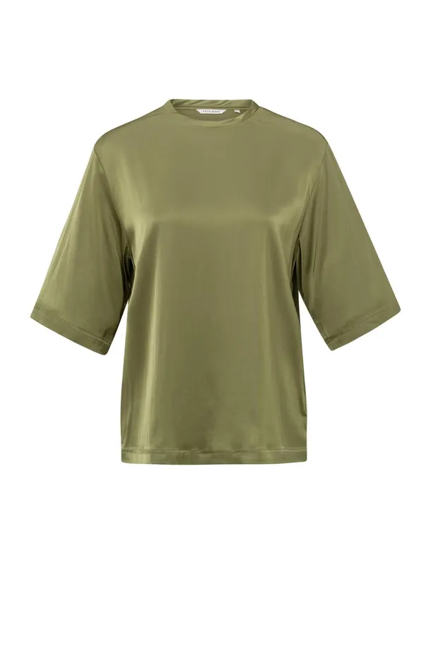 Satin Oversized Tshirt With Round Neckline Olive Women YAYA Tops Satin Oversized Tshirt With Round Neckline Olive Women YAYA Tops