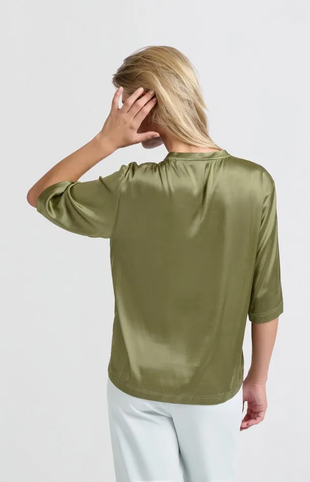Satin Oversized Tshirt With Round Neckline Olive Women YAYA Tops Satin Oversized Tshirt With Round Neckline Olive Women YAYA Tops