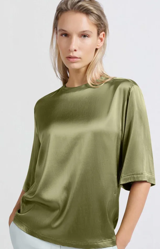 Satin Oversized Tshirt With Round Neckline Olive Women YAYA Tops Satin Oversized Tshirt With Round Neckline Olive Women YAYA Tops