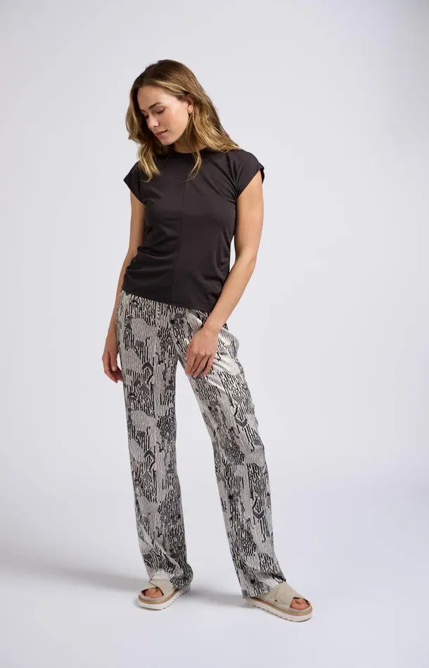 Satin Woven Trousers With Wide Leg Drawstring And Print Moonstruck Grey Dessin Women YAYA Trousers Satin Woven Trousers With Wide Leg Drawstring And Print Moonstruck Grey Dessin Women YAYA Trousers