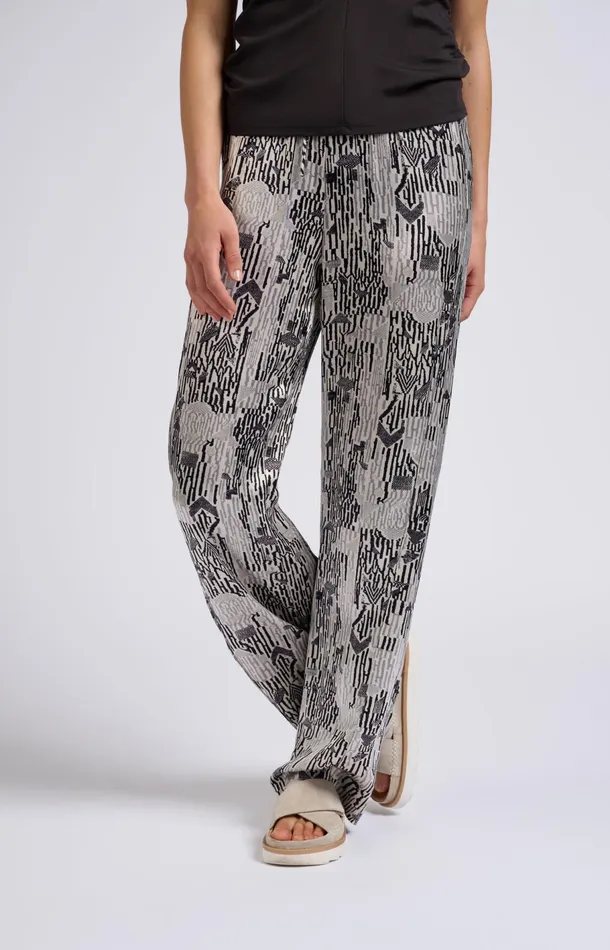 Satin Woven Trousers With Wide Leg Drawstring And Print Moonstruck Grey Dessin Women YAYA Trousers Satin Woven Trousers With Wide Leg Drawstring And Print Moonstruck Grey Dessin Women YAYA Trousers