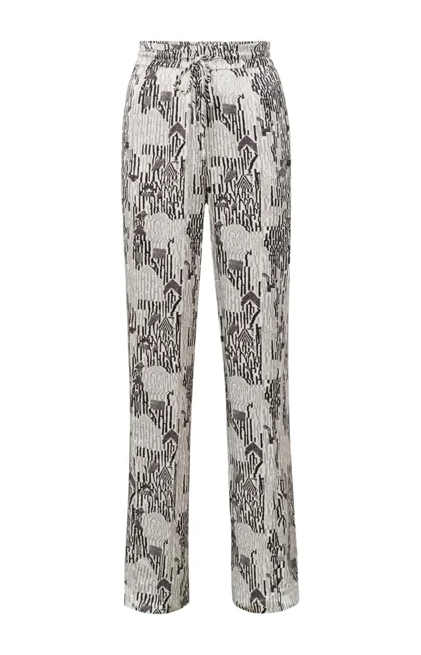 Satin Woven Trousers With Wide Leg Drawstring And Print Moonstruck Grey Dessin Women YAYA Trousers Satin Woven Trousers With Wide Leg Drawstring And Print Moonstruck Grey Dessin Women YAYA Trousers