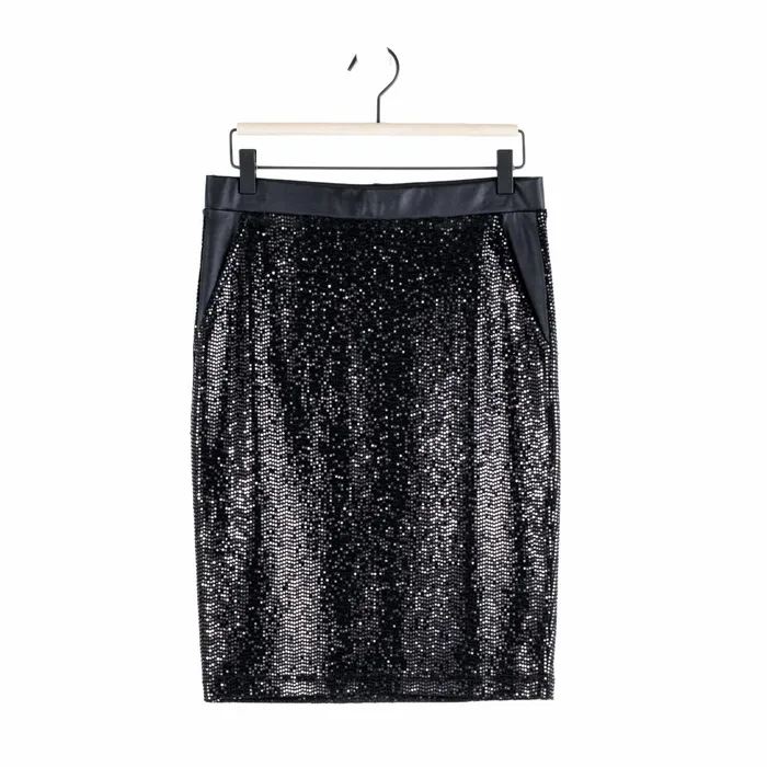 Sequin Knit 8211 Liquid Leather Trim Pencil Skirt 8211 Black Women Clara Sunwoo Pants Skirts
