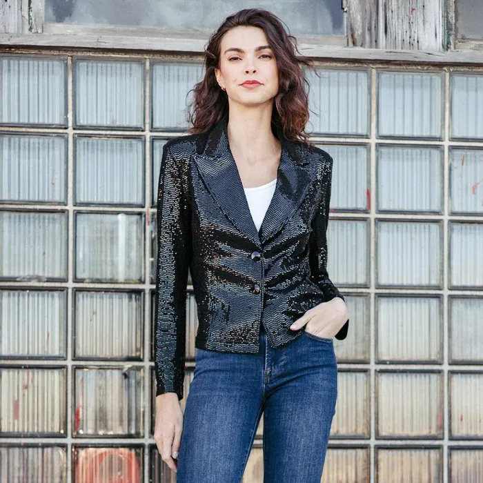 Sequin Knit 8211 Modern Button Blazer 8211 Black Women Clara Sunwoo Jackets Cardigans Sequin Knit 8211 Modern Button Blazer 8211 Black Women Clara Sunwoo Jackets Cardigans