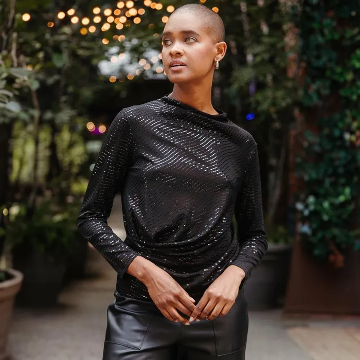Shimmer Embellished 8211 High Boat Neck Side Draped Top 8211 Black 8211 Final Sale Women Clara Sunwoo Tops Tunics Shimmer Embellished 8211 High Boat Neck Side Draped Top 8211 Black 8211 Final Sale Women Clara Sunwoo Tops Tunics