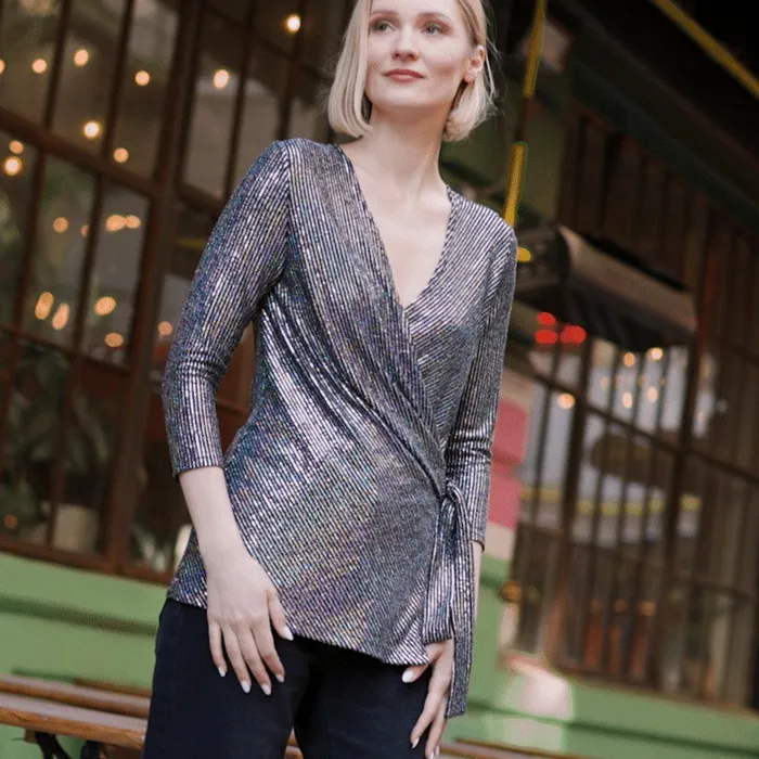 Shimmer Sequin 8211 Faux Wrap Side Tie Tunic 8211 Silver Pinstripe Women Clara Sunwoo Tops Tunics Shimmer Sequin 8211 Faux Wrap Side Tie Tunic 8211 Silver Pinstripe Women Clara Sunwoo Tops Tunics