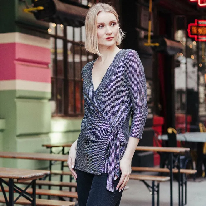 Shimmer Sequin 8211 Faux Wrap Side Tie Tunic 8211 Silver Pinstripe Women Clara Sunwoo Tops Tunics