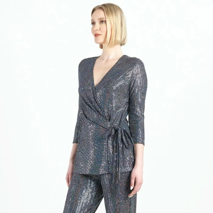 Shimmer Sequin 8211 Faux Wrap Side Tie Tunic 8211 Silver Pinstripe Women Clara Sunwoo Tops Tunics
