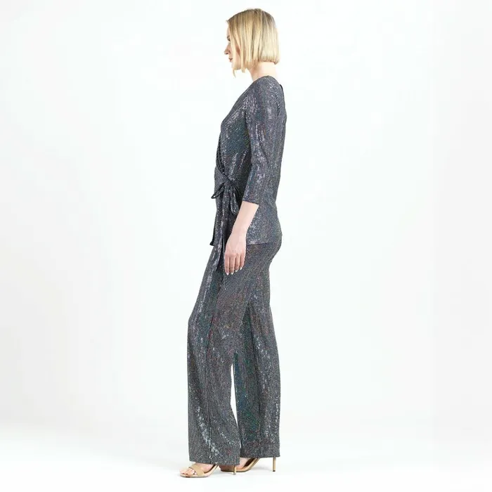 Shimmer Sequin 8211 Faux Wrap Side Tie Tunic 8211 Silver Pinstripe Women Clara Sunwoo Tops Tunics