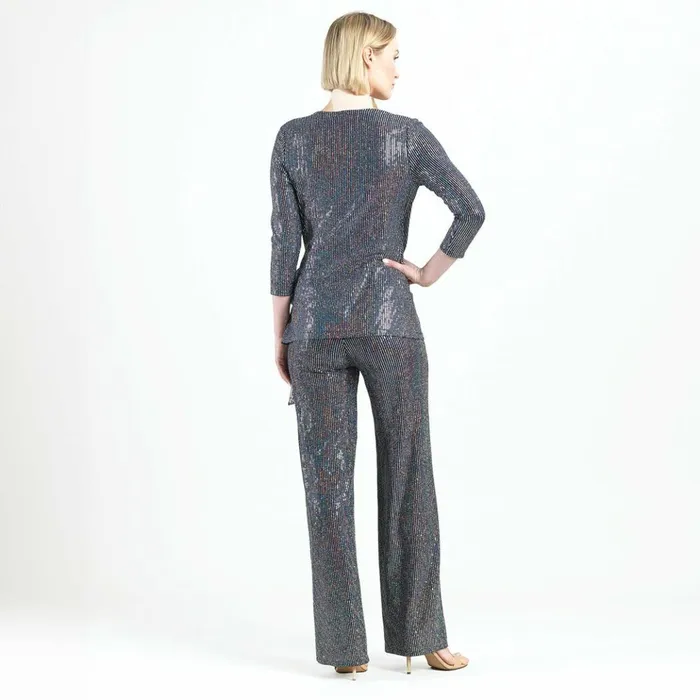 Shimmer Sequin 8211 Faux Wrap Side Tie Tunic 8211 Silver Pinstripe Women Clara Sunwoo Tops Tunics