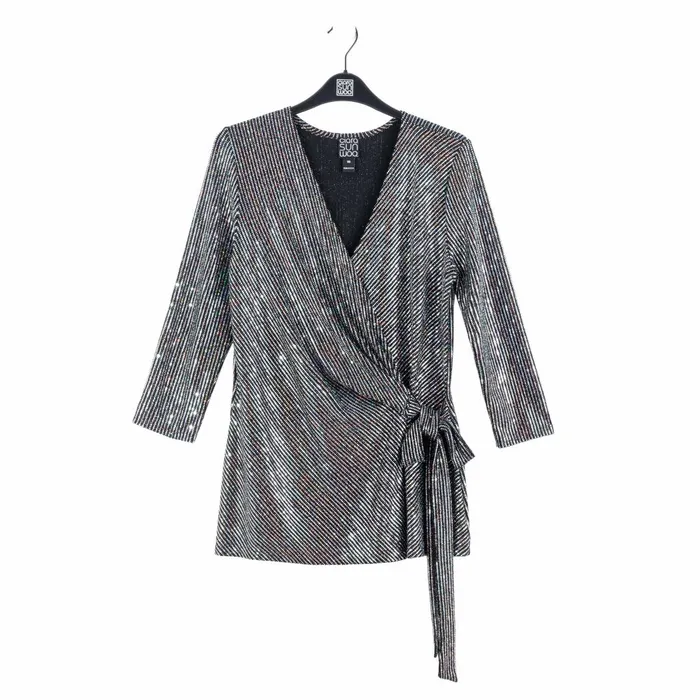 Shimmer Sequin 8211 Faux Wrap Side Tie Tunic 8211 Silver Pinstripe Women Clara Sunwoo Tops Tunics