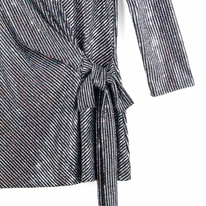 Shimmer Sequin 8211 Faux Wrap Side Tie Tunic 8211 Silver Pinstripe Women Clara Sunwoo Tops Tunics