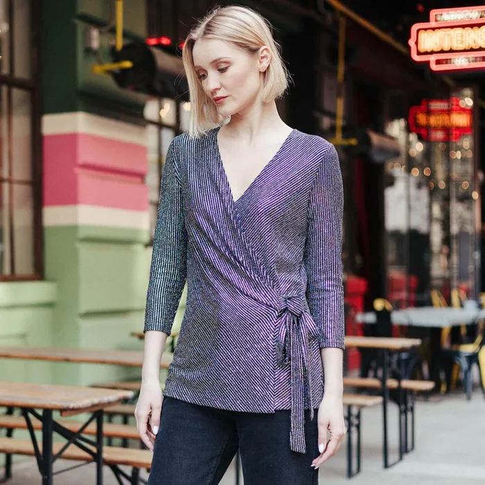 Shimmer Sequin 8211 Faux Wrap Side Tie Tunic 8211 Silver Pinstripe Women Clara Sunwoo Tops Tunics