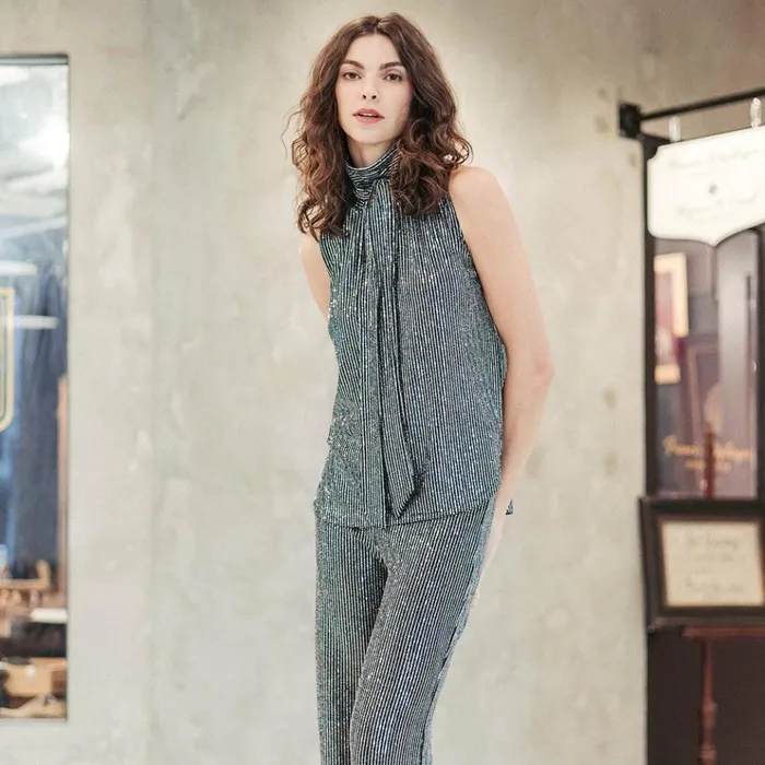 Shimmer Sequin 8211 Mock NeckTie Detail Top 8211 Silver Pinstripe Women Clara Sunwoo Tops Tunics Shimmer Sequin 8211 Mock NeckTie Detail Top 8211 Silver Pinstripe Women Clara Sunwoo Tops Tunics