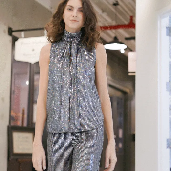 Shimmer Sequin 8211 Mock NeckTie Detail Top 8211 Silver Pinstripe Women Clara Sunwoo Tops Tunics