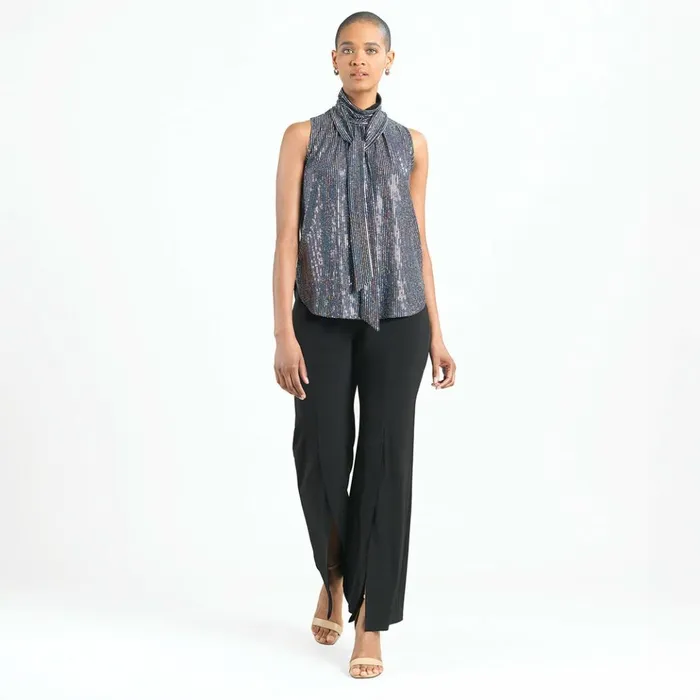 Shimmer Sequin 8211 Mock NeckTie Detail Top 8211 Silver Pinstripe Women Clara Sunwoo Tops Tunics