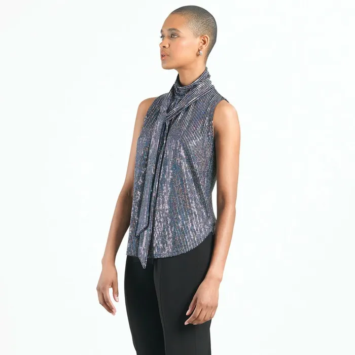 Shimmer Sequin 8211 Mock NeckTie Detail Top 8211 Silver Pinstripe Women Clara Sunwoo Tops Tunics