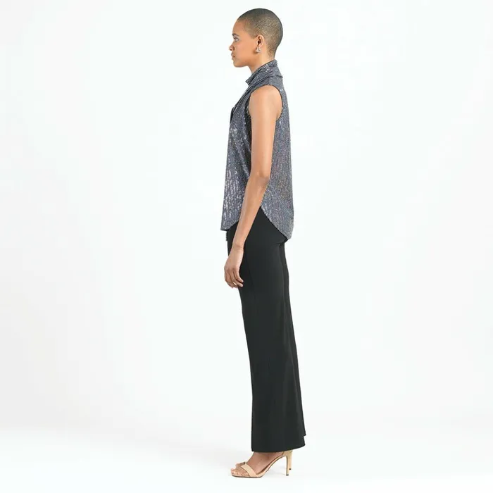 Shimmer Sequin 8211 Mock NeckTie Detail Top 8211 Silver Pinstripe Women Clara Sunwoo Tops Tunics