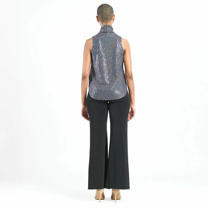 Shimmer Sequin 8211 Mock NeckTie Detail Top 8211 Silver Pinstripe Women Clara Sunwoo Tops Tunics