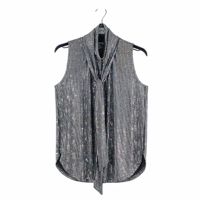 Shimmer Sequin 8211 Mock NeckTie Detail Top 8211 Silver Pinstripe Women Clara Sunwoo Tops Tunics
