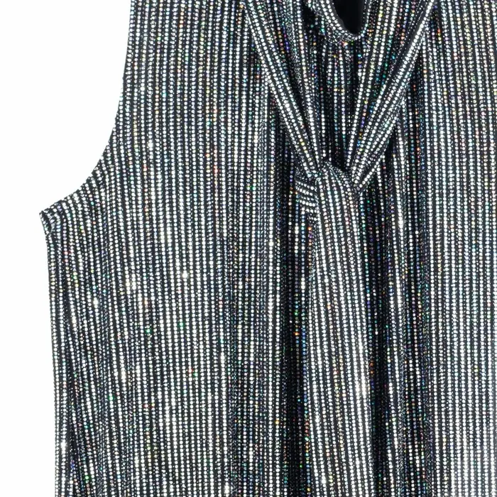 Shimmer Sequin 8211 Mock NeckTie Detail Top 8211 Silver Pinstripe Women Clara Sunwoo Tops Tunics