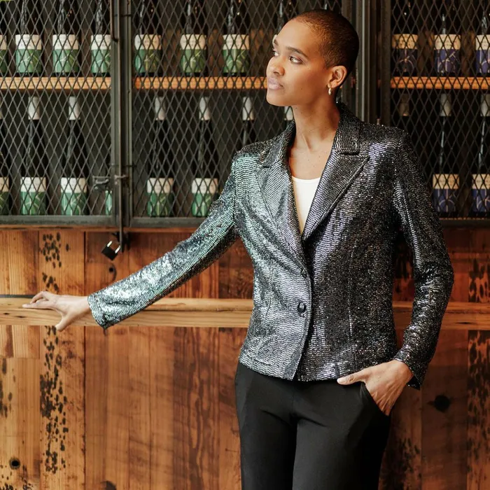 Shimmer Sequin 8211 Modern Button Blazer 8211 Gunmetal Women Clara Sunwoo Jackets Cardigans Shimmer Sequin 8211 Modern Button Blazer 8211 Gunmetal Women Clara Sunwoo Jackets Cardigans