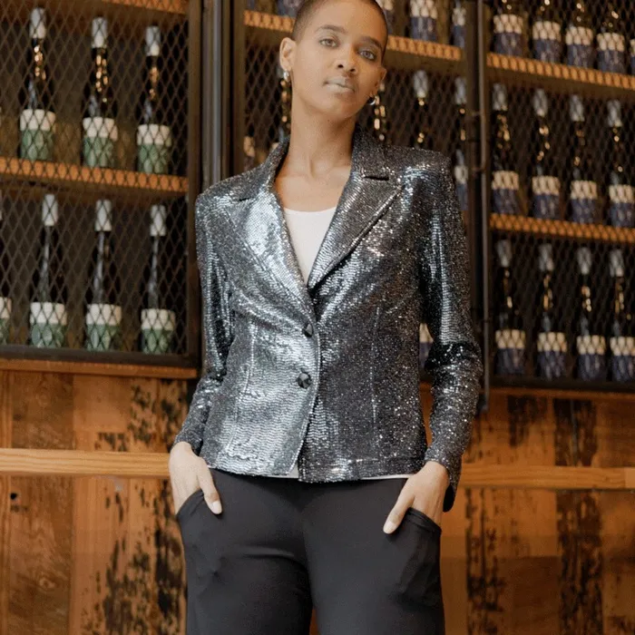 Shimmer Sequin 8211 Modern Button Blazer 8211 Gunmetal Women Clara Sunwoo Jackets Cardigans