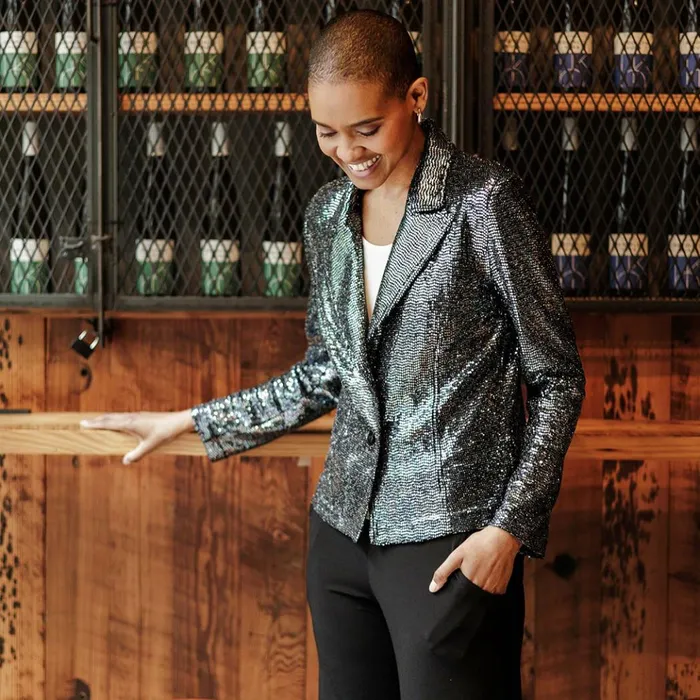 Shimmer Sequin 8211 Modern Button Blazer 8211 Gunmetal Women Clara Sunwoo Jackets Cardigans