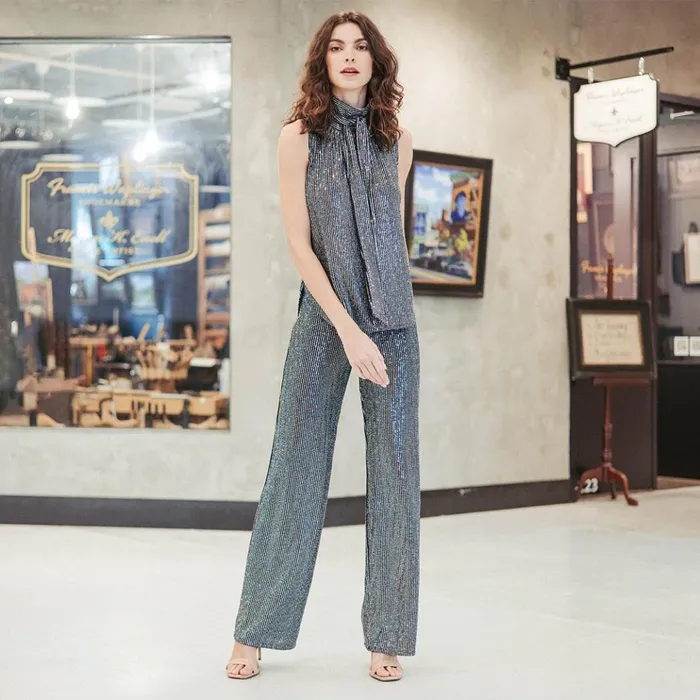 Shimmer Sequin 8211 Wide Leg Pant 8211 Silver Pinstripe Women Clara Sunwoo Pants Skirts