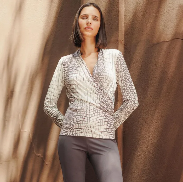 Shimmer Textile 8211 VNeck Draped Pleat Top 8211 Croc Scale 8211 Limited Sizes 8211 SM LRG XL Women Clara Sunwoo Tops Tunics Shimmer Textile 8211 VNeck Draped Pleat Top 8211 Croc Scale 8211 Limited Sizes 8211 SM LRG XL Women Clara Sunwoo Tops Tunics