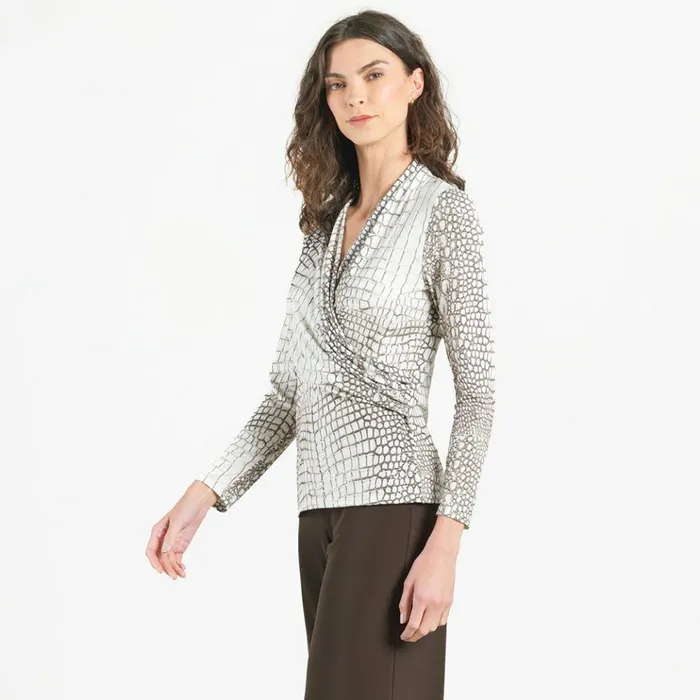 Shimmer Textile 8211 VNeck Draped Pleat Top 8211 Croc Scale 8211 Limited Sizes 8211 SM LRG XL Women Clara Sunwoo Tops Tunics