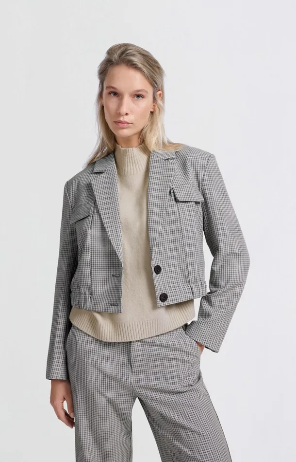 Short Blazer With Check Pattern And Elastic Waist Feather Grey Dessin Women YAYA Blazers Short Blazer With Check Pattern And Elastic Waist Feather Grey Dessin Women YAYA Blazers