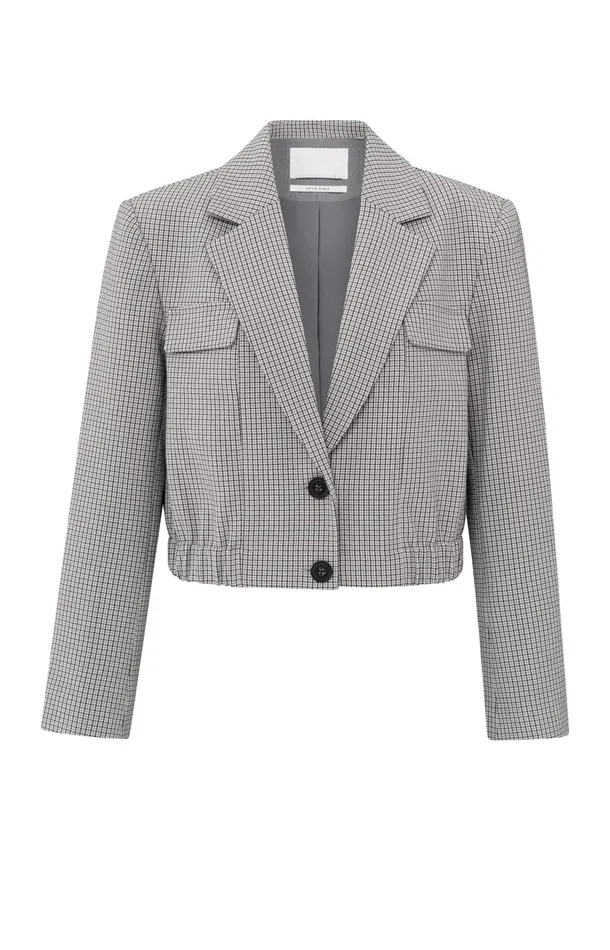 Short Blazer With Check Pattern And Elastic Waist Feather Grey Dessin Women YAYA Blazers