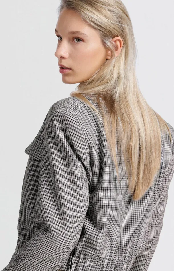 Short Blazer With Check Pattern And Elastic Waist Feather Grey Dessin Women YAYA Blazers