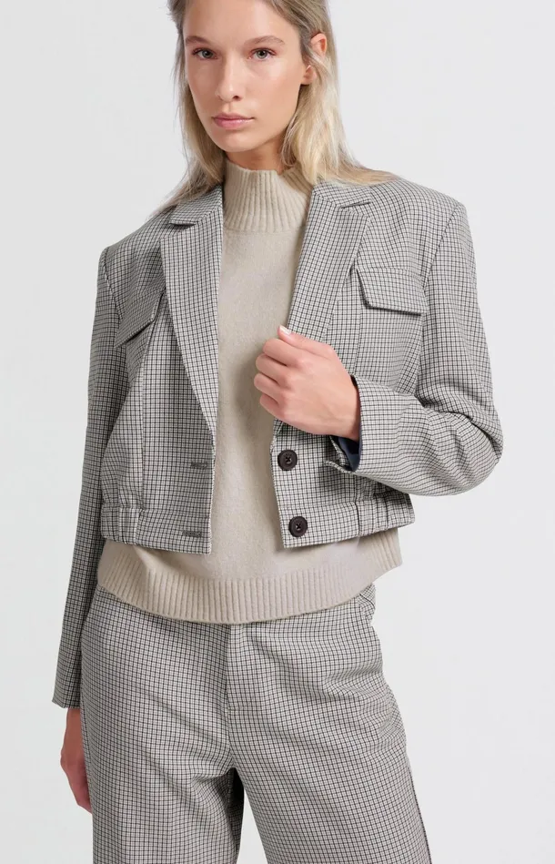 Short Blazer With Check Pattern And Elastic Waist Feather Grey Dessin Women YAYA Blazers