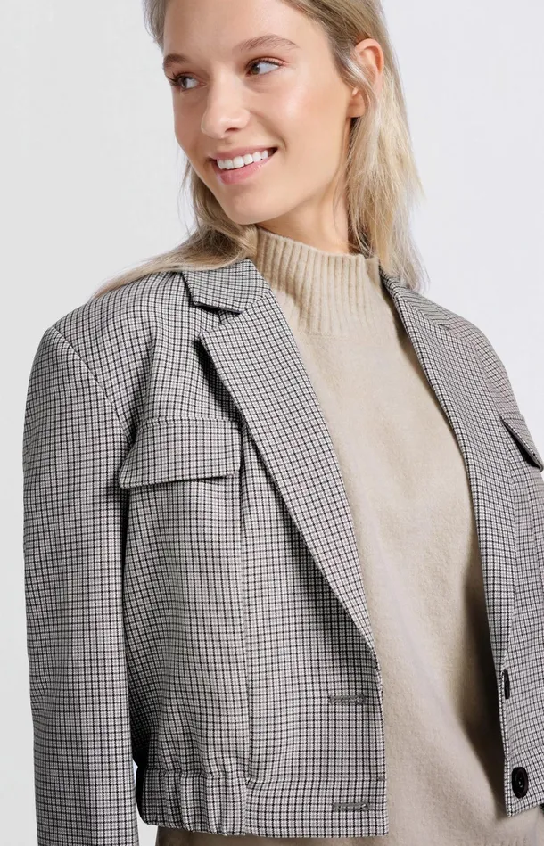 Short Blazer With Check Pattern And Elastic Waist Feather Grey Dessin Women YAYA Blazers