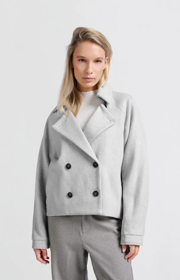 Short Jacket In Wool Blend With Shiny Quilted Details Medium Grey Melange Women YAYA Coats Short Jacket In Wool Blend With Shiny Quilted Details Medium Grey Melange Women YAYA Coats