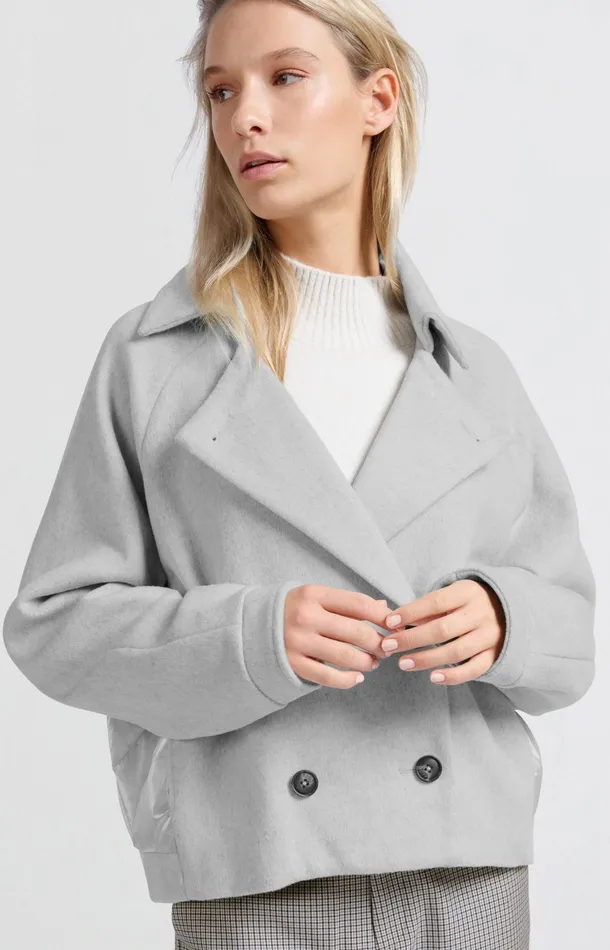 Short Jacket In Wool Blend With Shiny Quilted Details Medium Grey Melange Women YAYA Coats Short Jacket In Wool Blend With Shiny Quilted Details Medium Grey Melange Women YAYA Coats