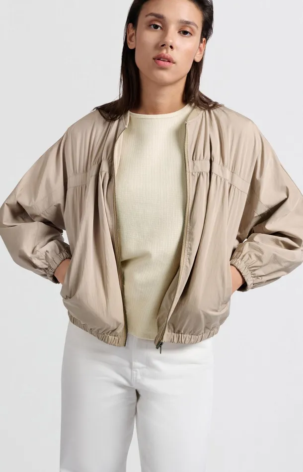 Short Nylon Bomber Jacket With Oversized Fit Twill Beige Women YAYA Jackets Short Nylon Bomber Jacket With Oversized Fit Twill Beige Women YAYA Jackets