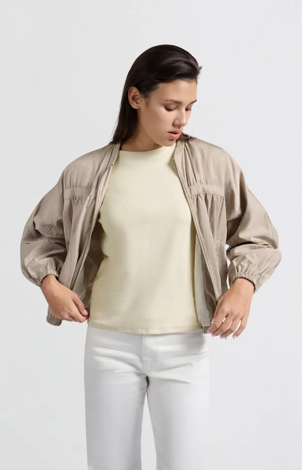 Short Nylon Bomber Jacket With Oversized Fit Twill Beige Women YAYA Jackets Short Nylon Bomber Jacket With Oversized Fit Twill Beige Women YAYA Jackets
