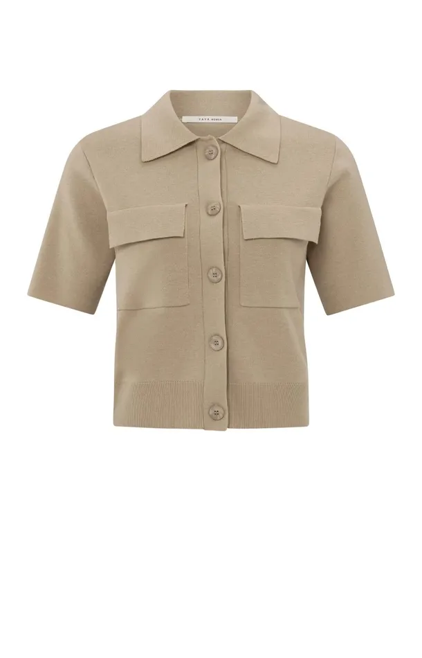 Short Sleeve Cardigan With Chest Pockets Humus Beige Women YAYA Cardigans