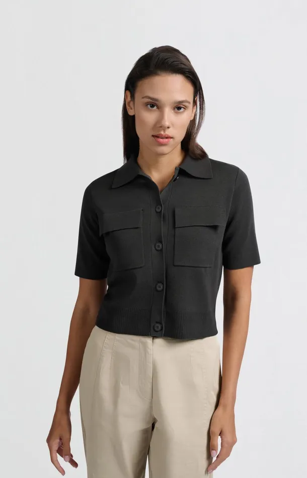 Short Sleeve Cardigan With Chest Pockets Phantom Women YAYA Cardigans Short Sleeve Cardigan With Chest Pockets Phantom Women YAYA Cardigans