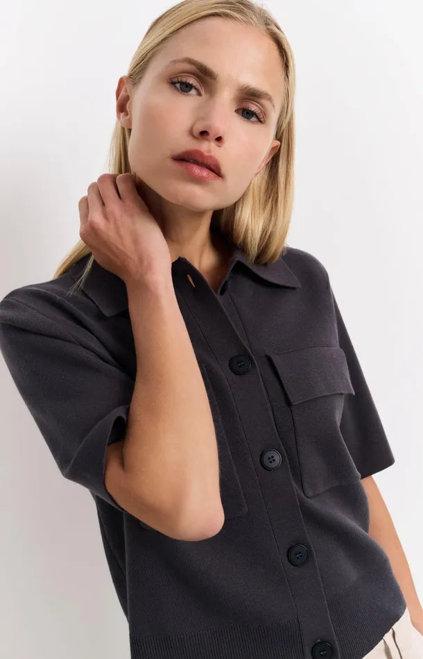 Short Sleeve Cardigan With Chest Pockets Phantom Women YAYA Cardigans Short Sleeve Cardigan With Chest Pockets Phantom Women YAYA Cardigans