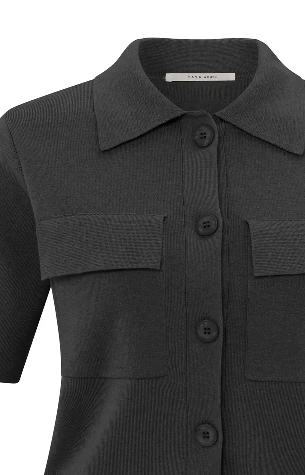 Short Sleeve Cardigan With Chest Pockets Phantom Women YAYA Cardigans Short Sleeve Cardigan With Chest Pockets Phantom Women YAYA Cardigans