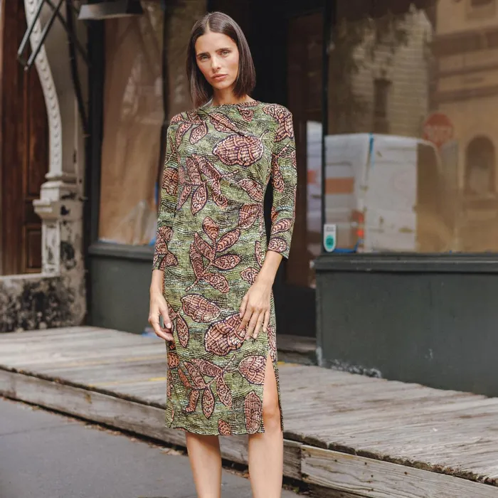 Side Slit 34 Sleeve Midi Dress 8211 Mosaic Leaves 8211 Final Sale Women Clara Sunwoo Dresses Jumpsuits Side Slit 34 Sleeve Midi Dress 8211 Mosaic Leaves 8211 Final Sale Women Clara Sunwoo Dresses Jumpsuits
