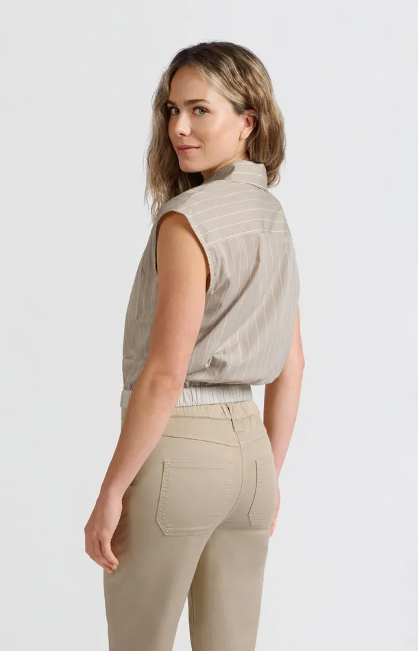Sleeveless Blouse With Elastic Waist And Loose Fit Humus Beige Dessin Women YAYA Blouses Sleeveless Blouse With Elastic Waist And Loose Fit Humus Beige Dessin Women YAYA Blouses